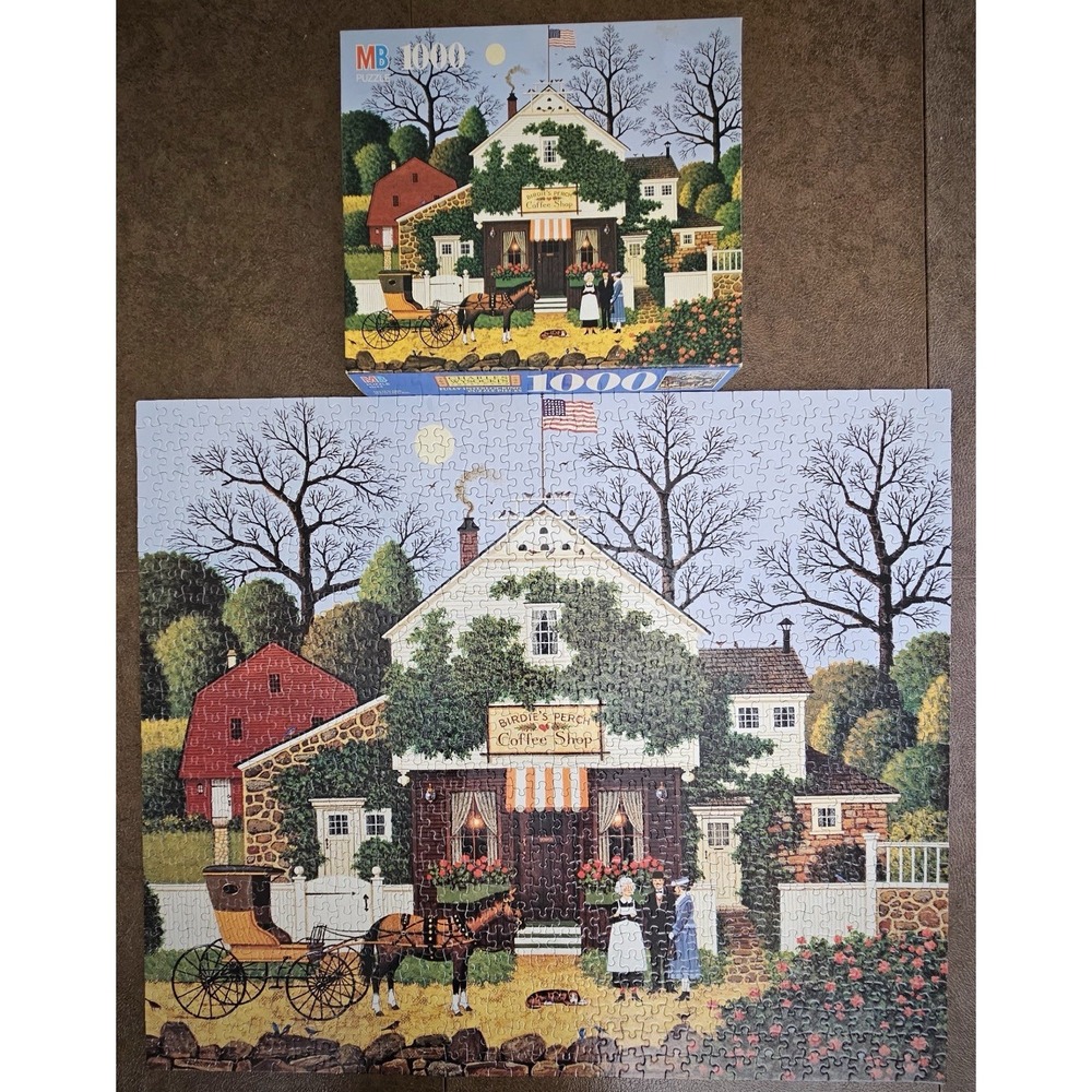 VTG MB Charles Wysocki Birdie's Perch Coffee Shop 1000 Piece Puzzle 1992 4679-3